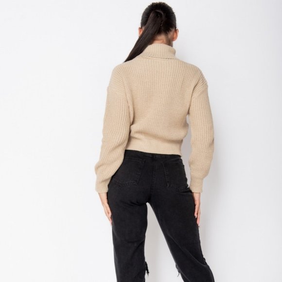 Beige Knitted Long Sleeve Turtle Neck Loose Fit Sweater Top - Picture 7 of 9